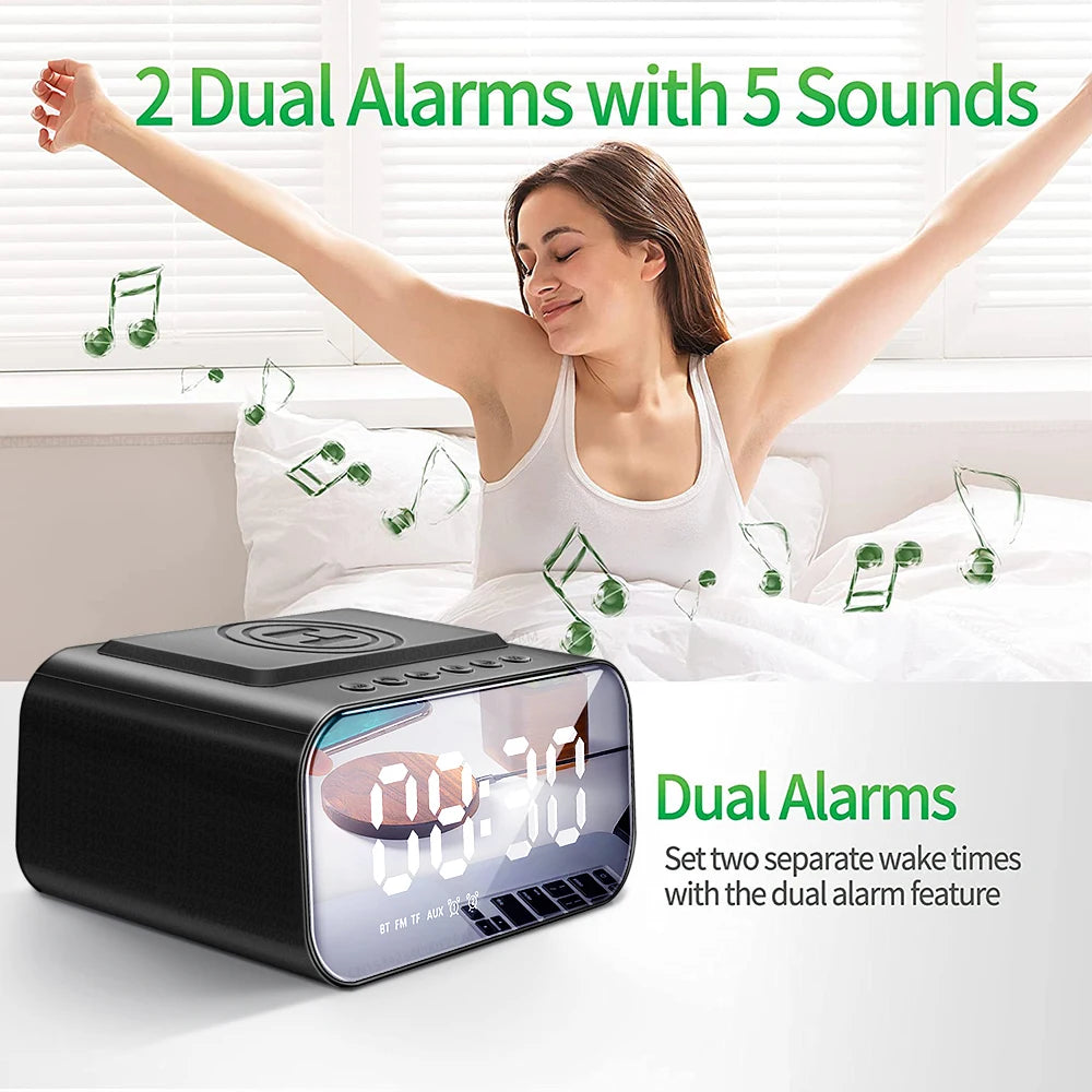 Wireless Charger Alarm Clock Bluetooth Speaker LED