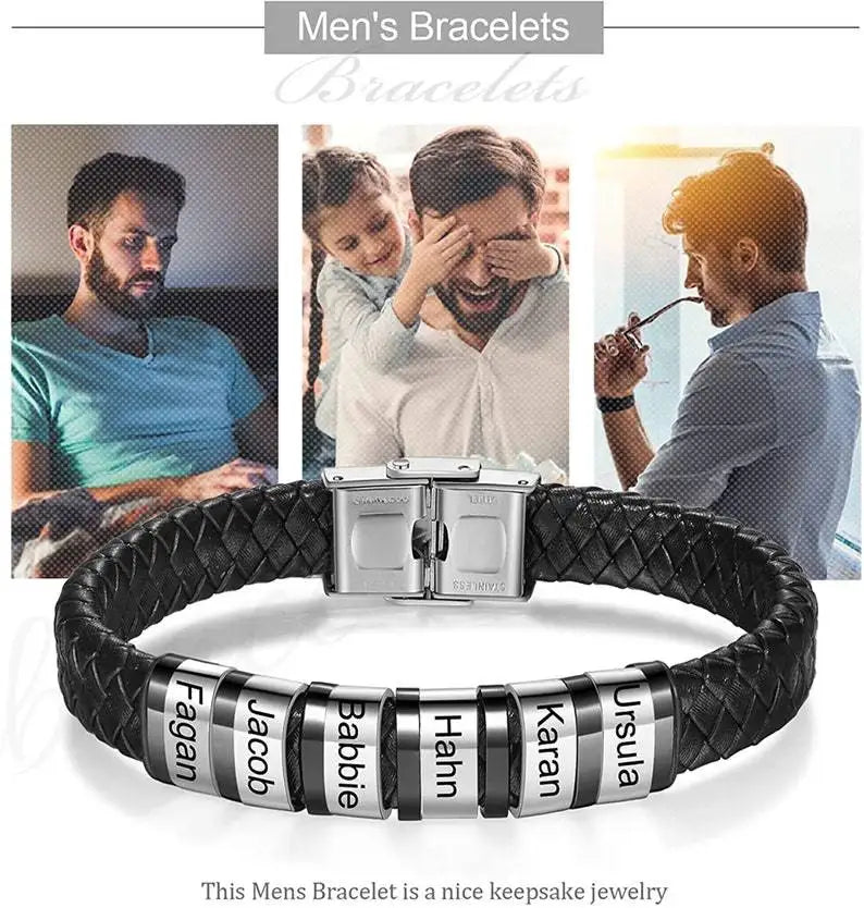 Names Beads Personalized Mens Leather Bracelet