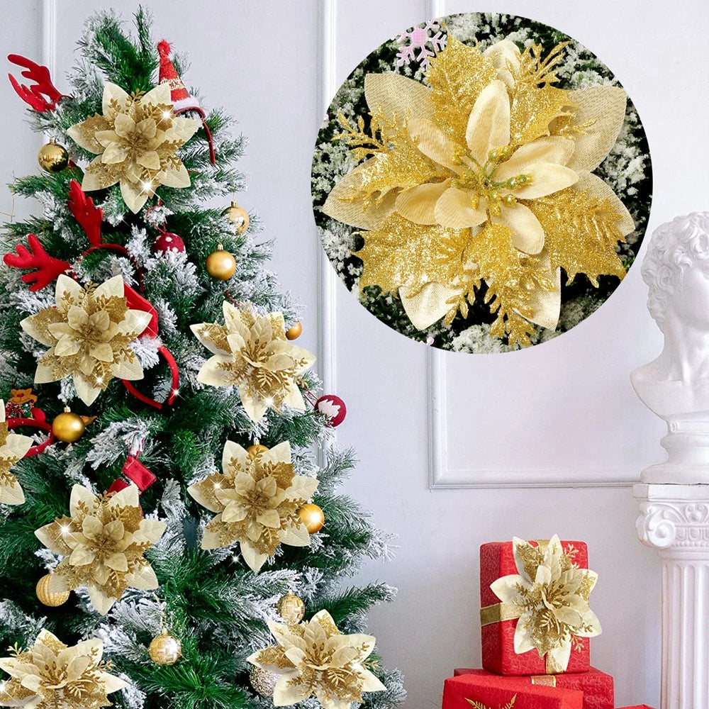 Glitter Artificial Christmas Flowers Xmas Tree Ornaments