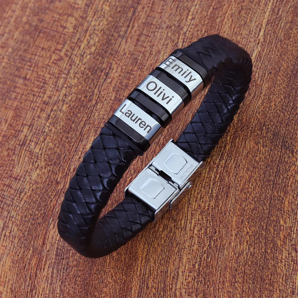 Names Beads Personalized Mens Leather Bracelet