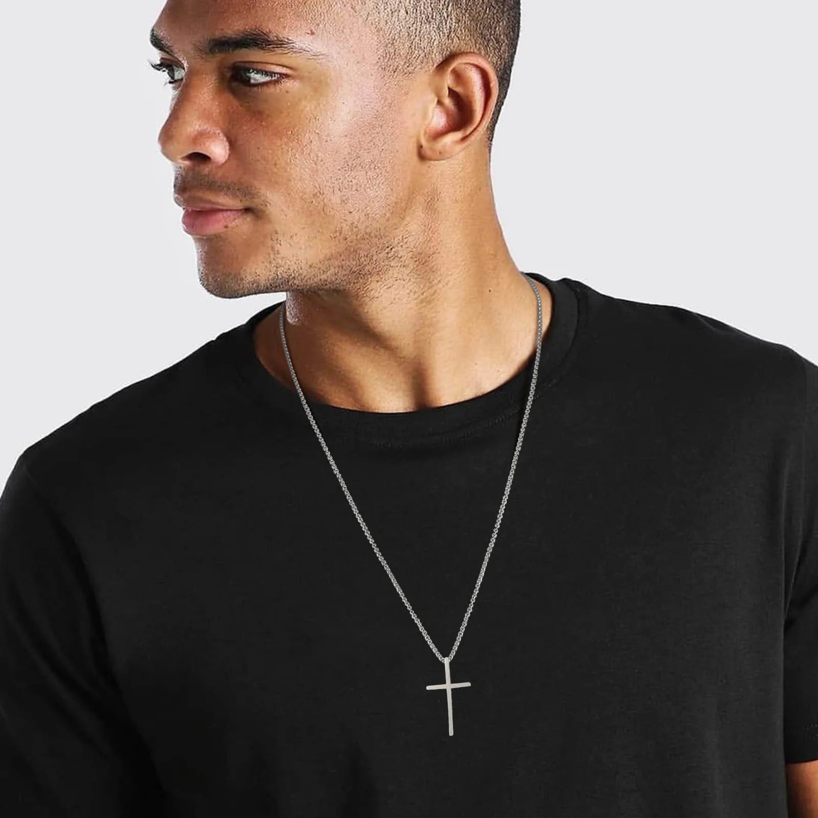 Mens Cross Necklaces, Stainless Steel Layered Plain