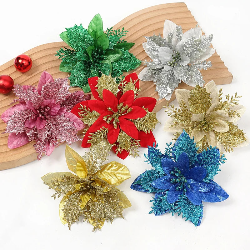 Glitter Artificial Christmas Flowers Xmas Tree Ornaments