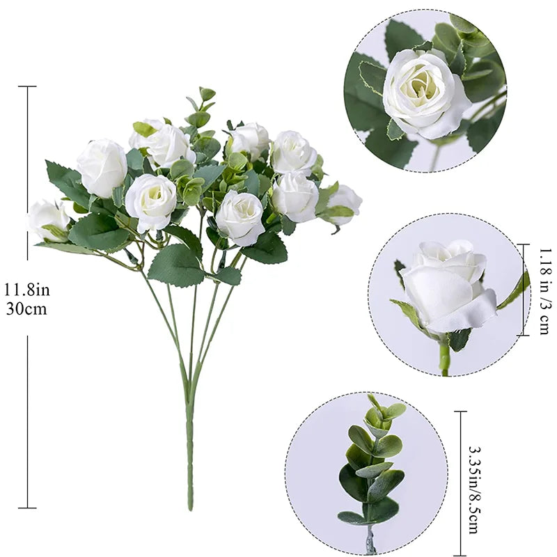 10 Heads Artificial Flower Silk Rose white Eucalyptus leaves