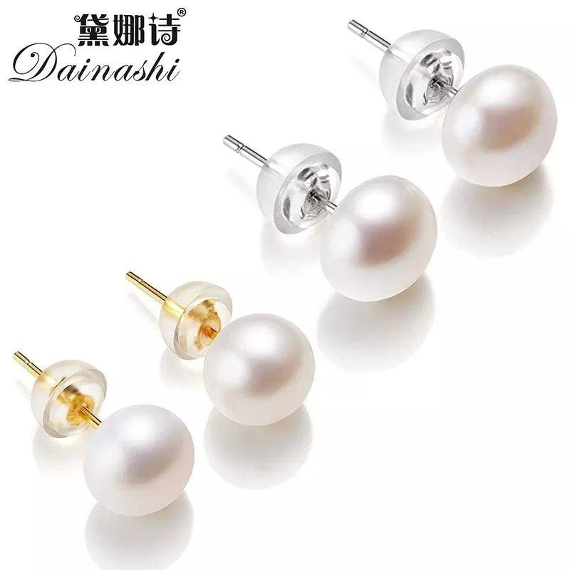 Natural Freshwater Pearl Stud Earrings Real Sliver Earring