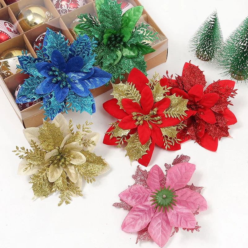 Glitter Artificial Christmas Flowers Xmas Tree Ornaments