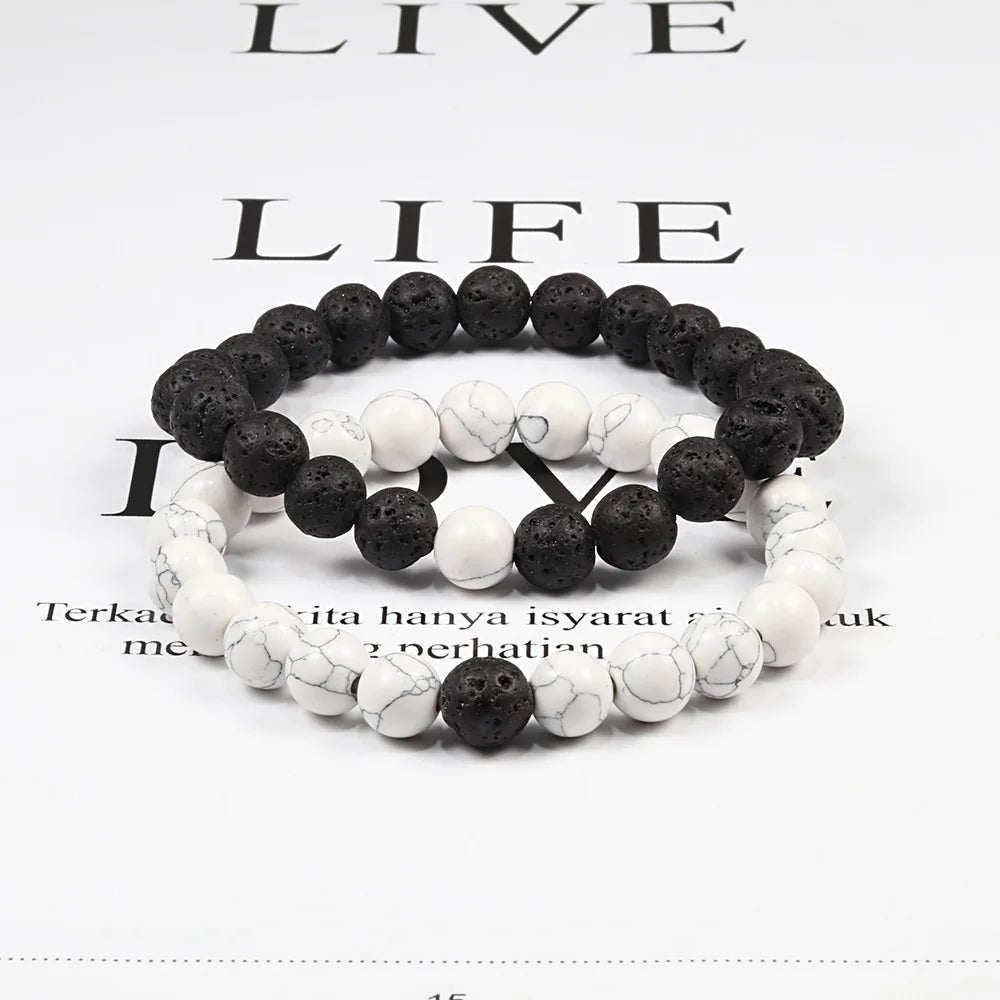 Set Bracelet Couples Distance Black White Natural Lava